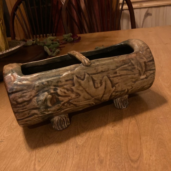 Weller 1920's vintage art pottery rustic Log-Shaped footed Ceramic Planter - Picture 5 of 8